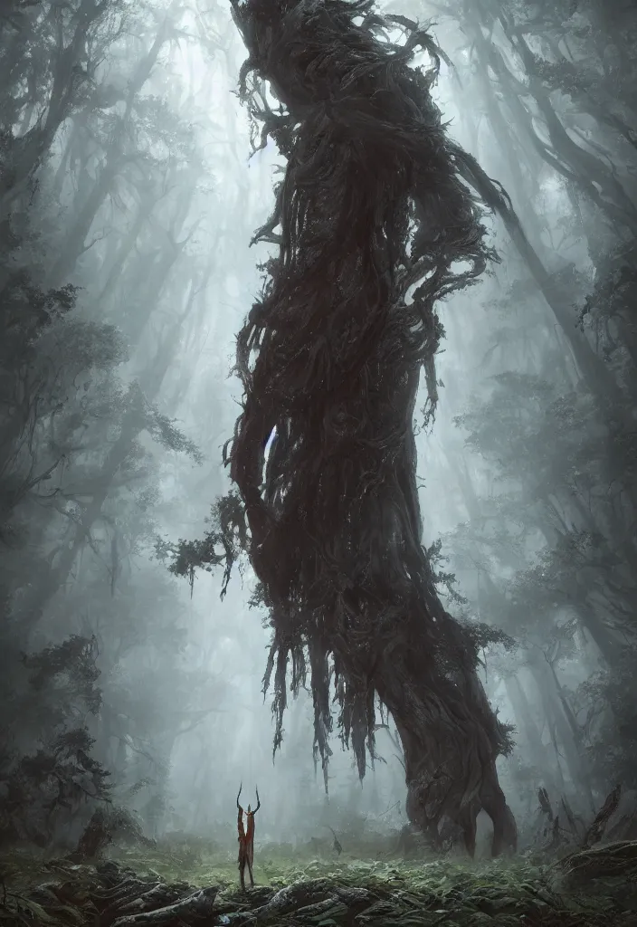 Image similar to a fancy portrait of a celestial standing in a large forest by greg rutkowski, sung choi, mitchell mohrhauser, maciej kuciara, johnson ting, maxim verehin, peter konig, bloodborne, 8 k photorealistic, cinematic lighting, hd, high details, dramatic, dark atmosphere, trending on artstation