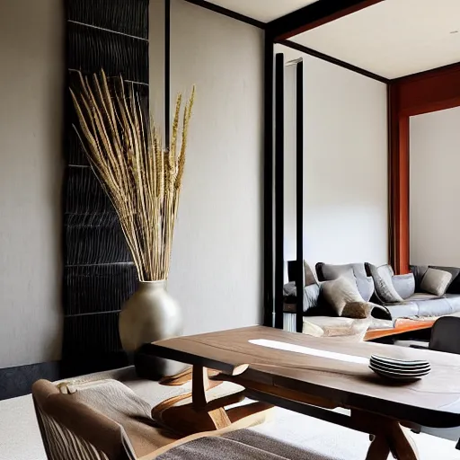 Image similar to lounge and dining room, stone, interior design, stylish luxury hotel living room design, yakisugi, black vertical slatted timber, textures, feminine, black walls, art, Japanese pottery vase with flowers, kakejiku, seasonal, Japanese influences