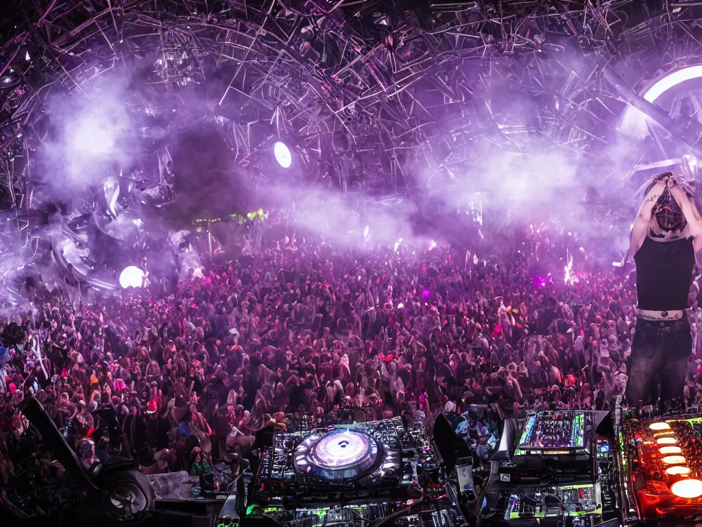 Image similar to a cyborg dj is playing a vast array of highly evolved and complex musical technology on a stage surrounded by an incredible and complex circular robotic structure playing highly evolved music overlooking a crowd at a forest festival lit by fire