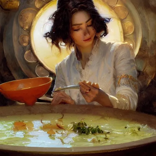 Image similar to stunning female master wizard cooking magical soup with a huge pot, highly detailed painting by gaston bussiere, craig mullins, j. c. leyendecker, 8 k