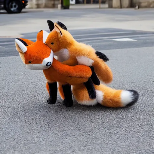 Image similar to Two fox plushies playfully wrestling on the sidewalk, dynamic, award winning photography