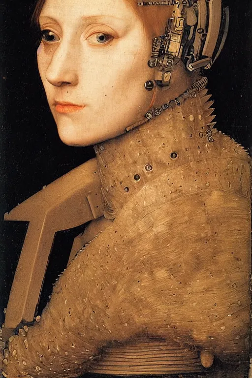 Image similar to a close - up portrait of a cyberpunk cyborg girl, by hans holbein the younger, rule of thirds