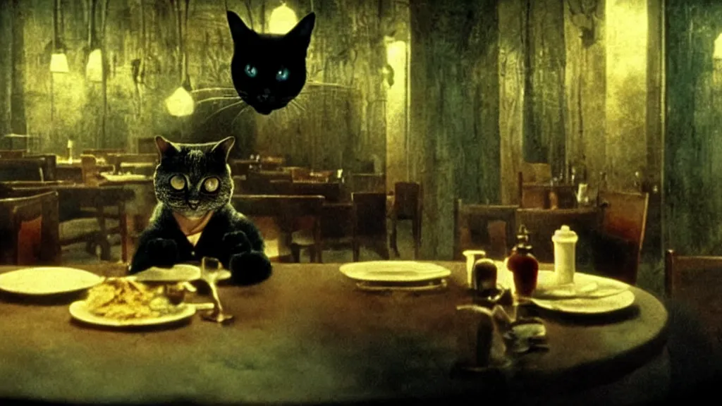 Prompt: the strange cat, works at a restaurant, film still from the movie directed by denis villeneuve and david cronenberg with art direction by salvador dali and zdzisław beksinski, wide lens