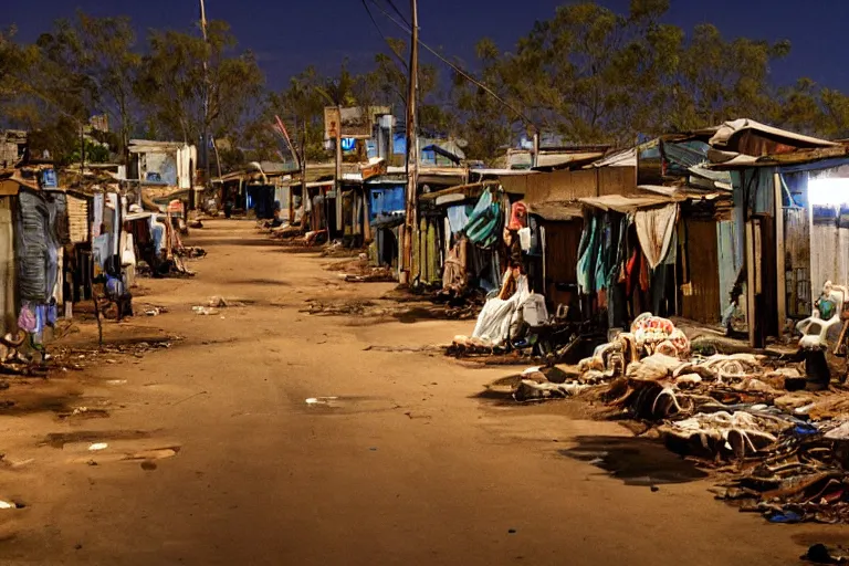 Prompt: film still of the main street in a shanty town, at night, fishing village, in outback australia, houses like favelas made of scrap wood and metal, at night, flooded ground, skulls on the ground, bones on the ground, weeds