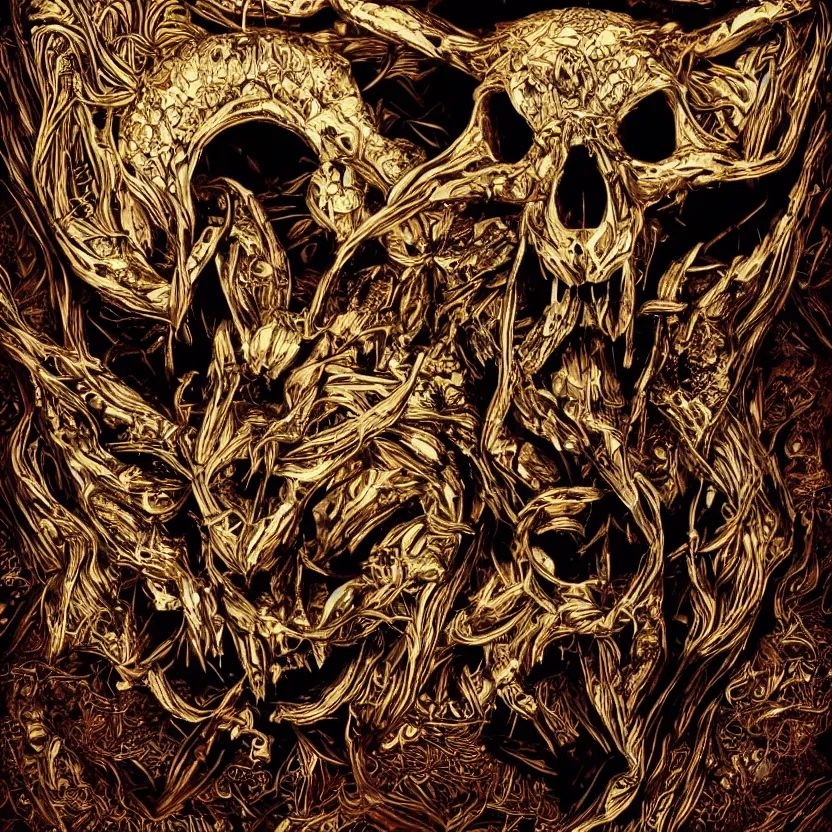 Image similar to photo portrait portrait of skull of wolf, lying on bones, dramatic lighting, golden ornaments, symmetric, intricate skeletal decorations, symmetry, highly detailed, concept art, black, red, white, gold layers, super moon, style of nekroxiii, hyperrealistic, dark background, smoke