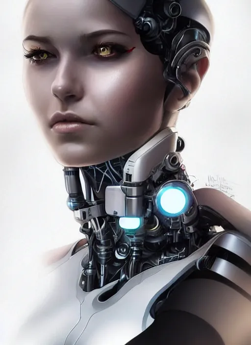 Prompt: portrait of a cyborg woman who turns her head to the ((((right))) left+350 (((up))) (((down))) by Artgerm,eyes closed , biomechanical, hyper detailled, trending on artstation