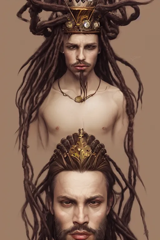 Prompt: portrait of a king with long wild dreads, straight on portrait, by artgerm, james jean, tom bagshaw, gerald brom, 4 k, smooth, hd, substance designer render, full body character concept art,