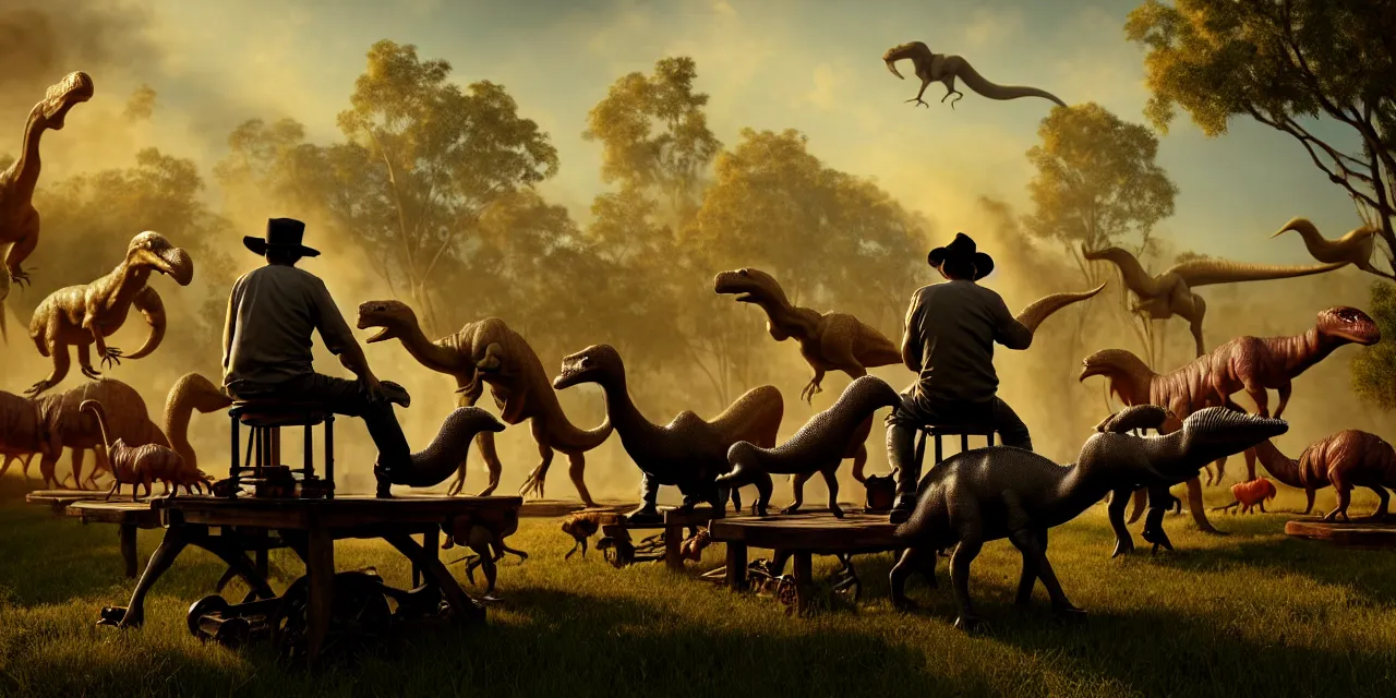 Image similar to old man sitting on wood chair and herding a herd of small dinosaurs in an alternate prehistoric past, in steam punk style, very high details, raytracing, back light, raymarching, by ilm, by digital domain, by weta digital