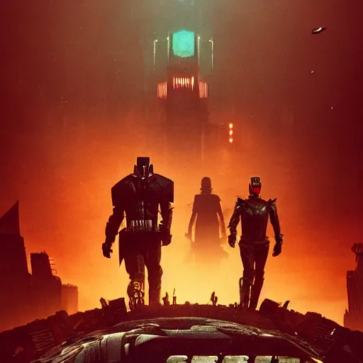 Image similar to three goats running from Judge Dredd riding across the Cursed Earth with a trail of dust behind them, and the ruins of Minneapolis ahead. Hyperrealistic, Blade Runner 2047, artstation, movie poster art