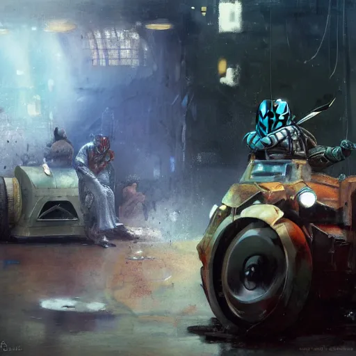 Image similar to the mandalorian, driving a steampunk zamboni, by craig mullins, jeremy mann, jeremy mann.