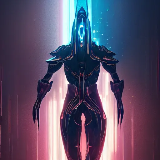 Image similar to photo of tenno from warframe in the style of stefan kostic, realistic, cyberpunk, neon, nighttime, rain storm, body shot, sharp focus, 8 k high definition, insanely detailed, intricate, elegant, art by stanley lau and artgerm, floating embers