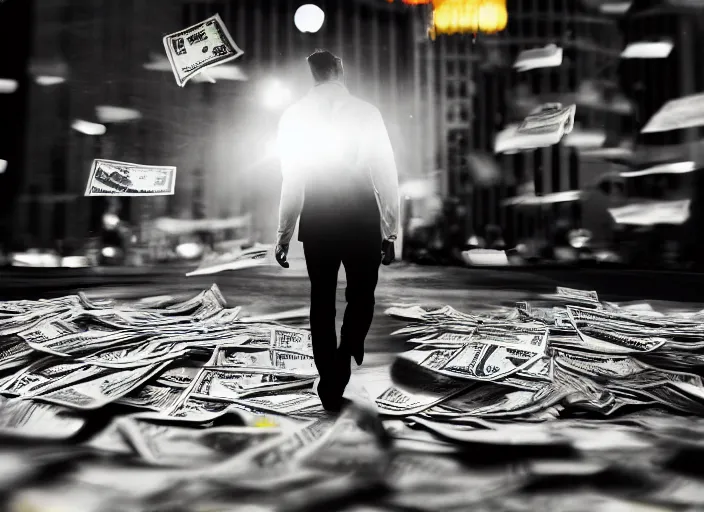 Prompt: a 3 5 mm photo from the back of a man walking through dollar bills flying through the air, splash art, movie still, bokeh, canon 5 0 mm, cinematic lighting, dramatic, film, photography, golden hour, depth of field, award - winning, anamorphic lens flare, 8 k, hyper detailed, 3 5 mm film grain