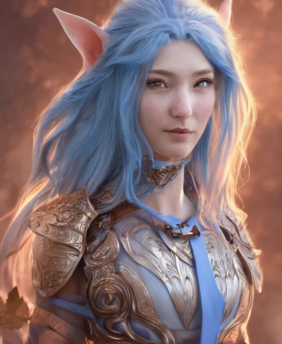 Image similar to a beautiful and highly detailed digital portrait of a dignified elf with long blue windswept hair in a rose gold breastplate by artgerm and lu ji, centered, artsation contest winner, cgsociety, fantasy art, cryengine, concept art, photorealism, daz 3 d, sketchfab, zbrush, vray