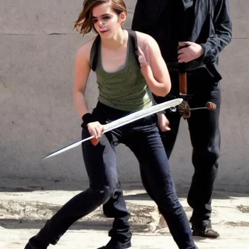 Image similar to emma watson with a sword fighting skinny nerds. photograph.