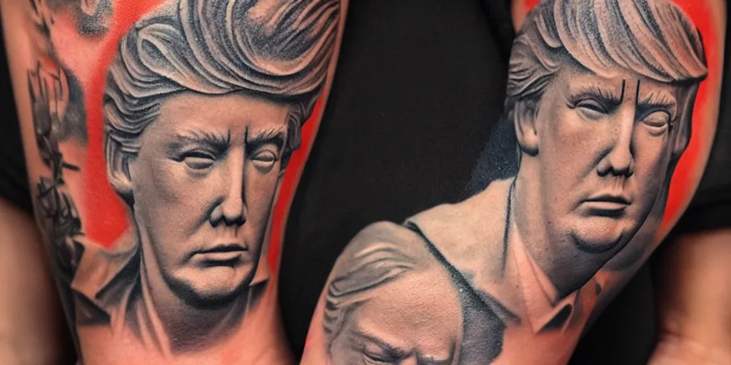 Image similar to man with trump tattoo mystical statue woman, highly detailed, 8 k, masterpiece, super resolution.