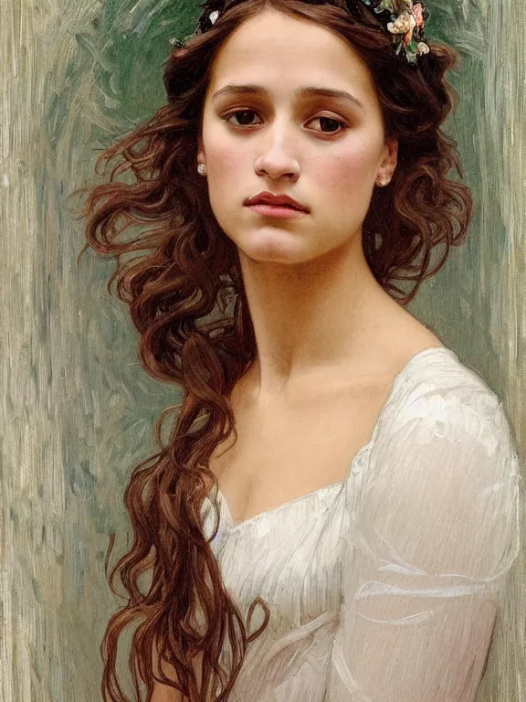 Image similar to an art nouveau style head and shoulders portrait oil painting of a pretty young alicia jessica vikander alba wearing a white victorian bridal gown, intricate, detailed, smooth, complex, elaborate, by alphonse mucha and james gurney and john william waterhouse and bouguereau