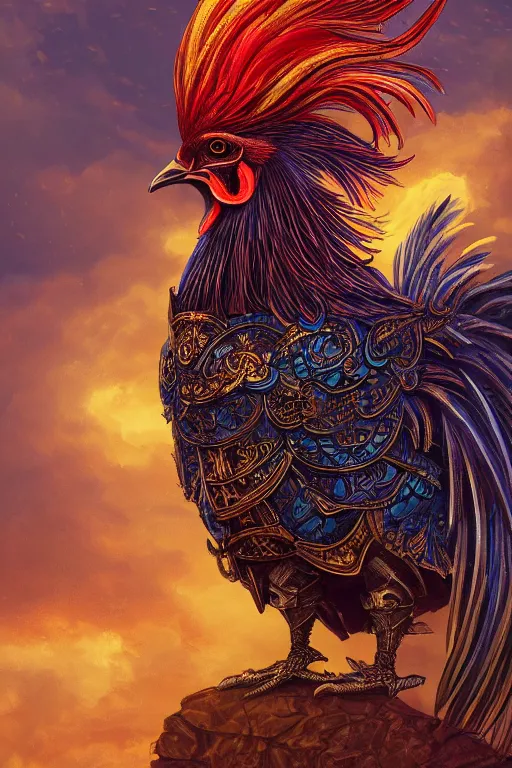 Image similar to a beautiful tarot card artwork of a rooster, wearing knight armour!, horror, backlit, gloomy sky, highly detailed, digital painting, intricate golden threads, by kevin siembieda, vivid colors, detailed shading, 8 k resolution, intricate, smooth