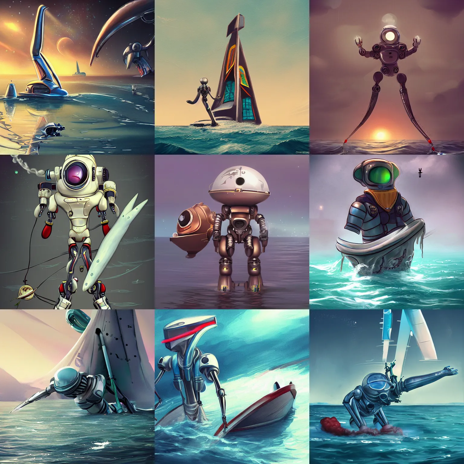 Prompt: alien robot sailor open sea in a sailboat character art trending on artstation