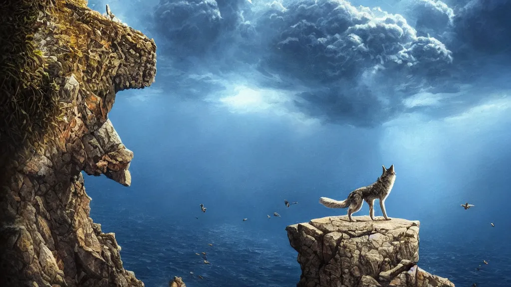 Prompt: A wolf standing on the edge of a rocky cliff looking out towards an underwater nuclear explosion, birds flying away from explosion, mind-bending geometry, sapphire waters below, 4k, trending on Artstation, award-winning, dramatic painting, art by Greg Rutkowski, Igor Morski