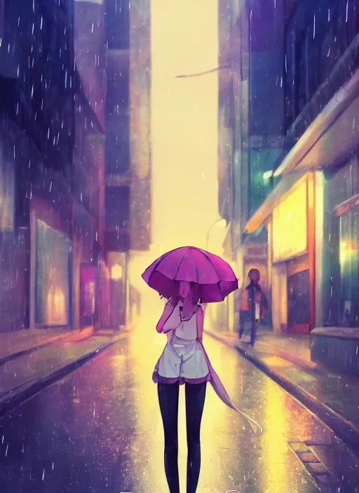 Prompt: listening to music at 2 am, night, pretty girl, pose, rain, lofi, lofi, peaceful, street light, anime key visual, poster, street wears, anime, by rossdraws, high quality, 4 k, trending, trending on artstation