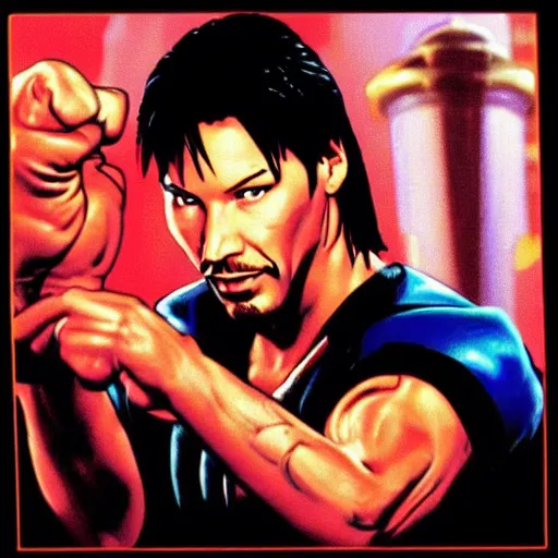 Image similar to portrait of keanu in double dragon video game splash screen