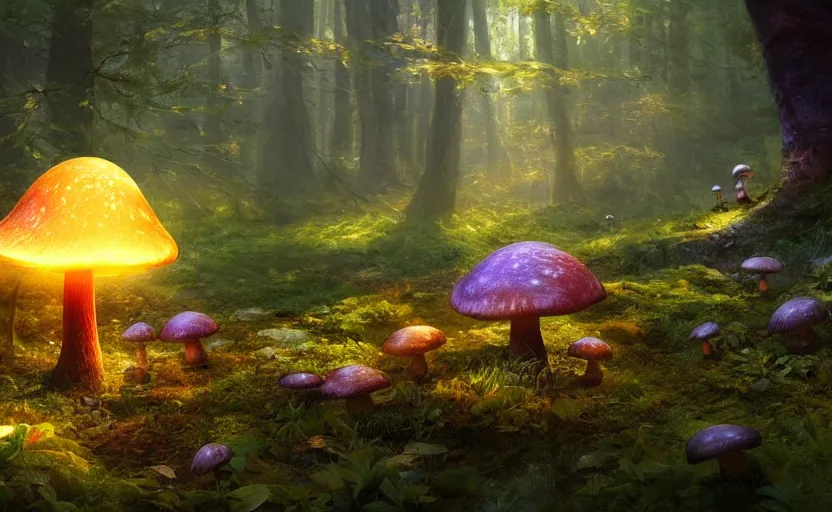 Image similar to a glowing mushroom in a magical forest, painting by craig mullins, octane rendering, soft morning lighting, wide angle lens, in the style of hayao miyazaki, trending on artstation,