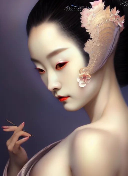 Prompt: organic seductive Geisha, pearlescent skin, diffuse lighting, fantasy, intricate, elegant pose, highly detailed, lifelike, photorealistic, digital painting, artstation, illustration, concept art, different point of view, smooth, sharp focus, art by John Collier and Albert Aublet and Leonardo da vinci and Moebius and Krenz Cushart and Artem Demura and Alphonse Mucha