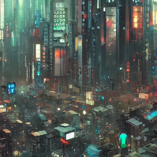 Image similar to mechanical android in overcrowded urban dystopia bustling city raining makoto shinkai