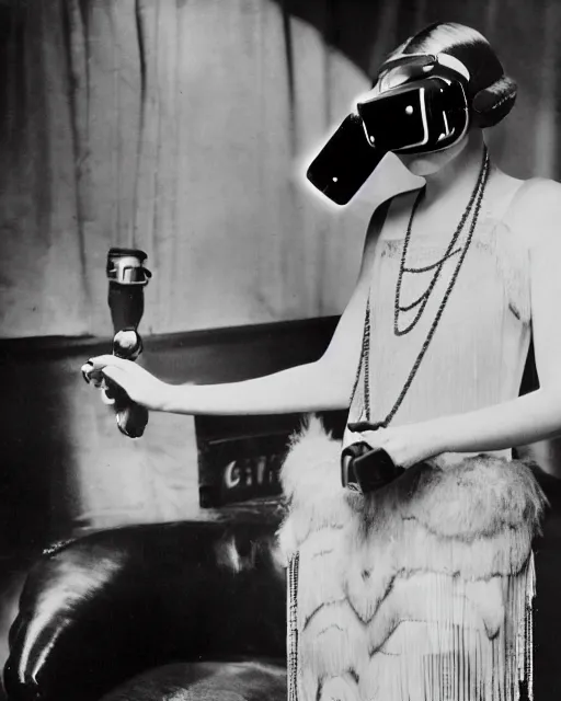 Image similar to 1 9 2 0 s photo of a flapper girl wearing a vr headset on a stage in a speakeasy