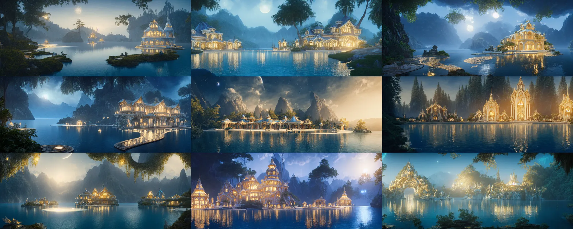 Image similar to a gorgeous symmetrical paradise palace, starlit, lakes, fantasy, fairy tale, artstation, matte painting, artstation, octane render, caleb worcester, samuel beal. ultra clear detailed. white, deep blue and light gold color scheme.