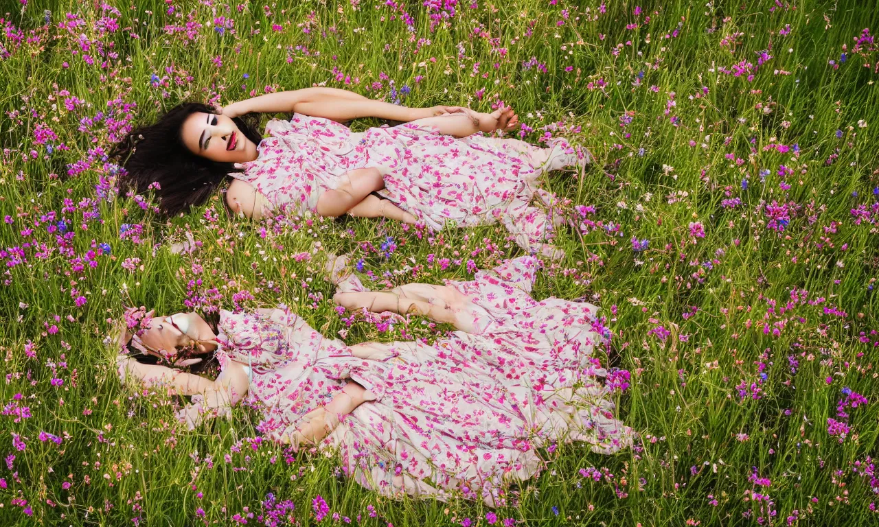 Image similar to a beautiful young Asian woman lying in a field of wildflowers, wearing a sun dress, portrait, dreamy