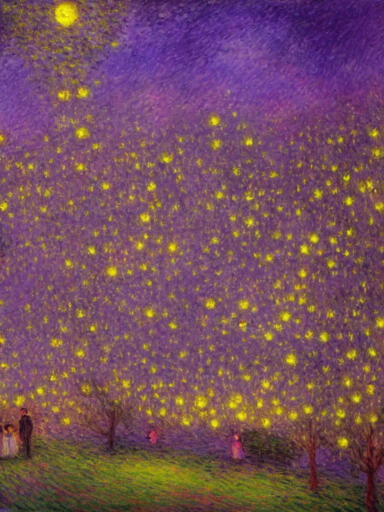 Prompt: gauzy twilight impressionist painting of fireflies in my backyard with an old apple tree in a purple cast with people! dancing in the moonlight, moon in right of sky, some city!!, intense purplish color oil painting by claude monet and piet mondrian, cosmic trending on artstation 8 k