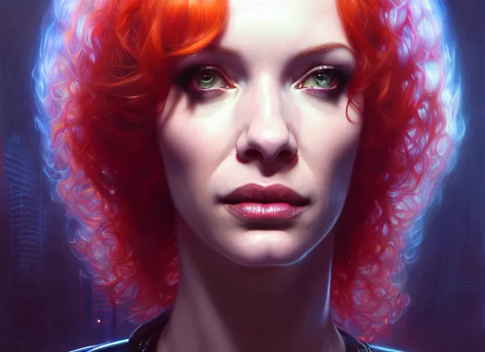 Image similar to portrait shot of a christina hendricks in cyberpunk 2 0 7 7, intricate, elegant, highly detailed, centered, digital painting, artstation, concept art, smooth, sharp focus, illustration, artgerm, tomasz alen kopera, peter mohrbacher, donato giancola, joseph christian leyendecker, wlop, boris vallejo