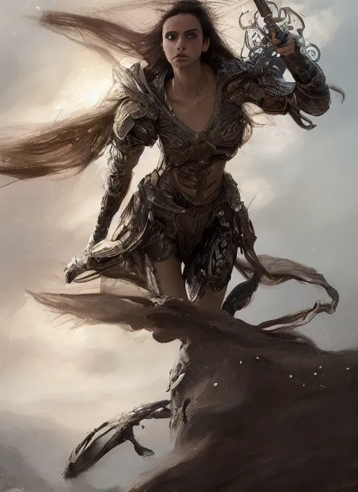 Image similar to a professional portrait of a beautiful young female, clothed in ethereal battle armor, olive skin, long dark hair, beautiful bone structure, symmetrical facial features, intricate, elegant, digital painting, concept art, smooth, sharp focus, finely detailed, illustration, from Valerian and the City of a Thousand Planets, in the style of Ruan Jia and Mandy Jurgens and Artgerm and Greg Rutkowski and William-Adolphe Bouguerea