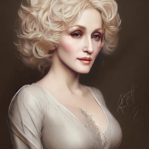 Image similar to beautiful striking Pre-Raphaelite Dolly Parton by Artgerm and Greg Rutkowski, pale, intricate, elegant, highly detailed, digital painting