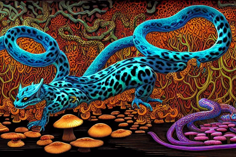 Image similar to a detailed digital art painting of a cyberpunk magick oni dragon with occult futuristic effigy of a beautiful field of mushrooms that is a adorable leopard atomic latent snakes in between ferret biomorphic molecular hallucinations in the style of escher, alex grey, stephen gammell inspired by realism, symbolism, magical realism and dark fantasy, crisp,