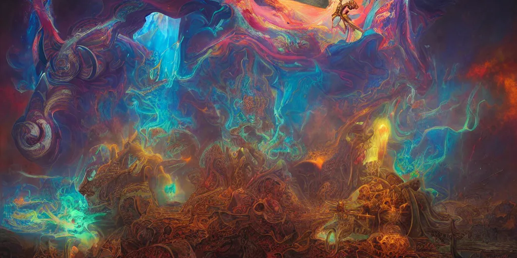 Image similar to gigantic psychedelic demonic cosmic skull of death and fire, outer space, fantasy painting, ultra realistic, dmt, rule of thirds, wide angle, art nouveau, intricate details, digital painting, rainbowshift, vivid colors, highly detailed by peter mohrbacher, h. r. giger, maxfield parrish, craig mullins, octane render, cgi