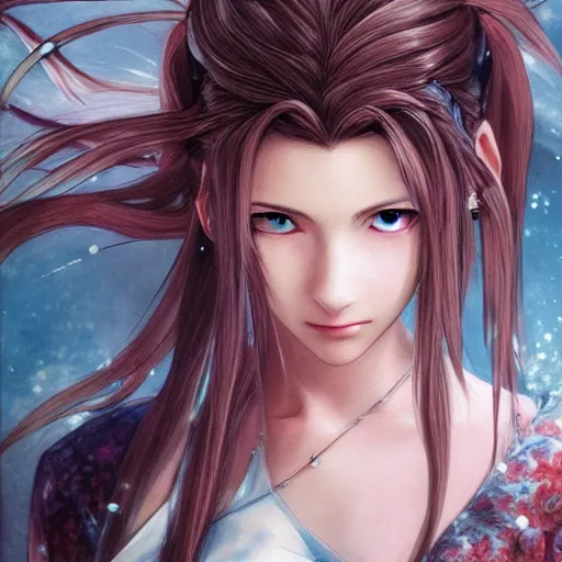 Image similar to portrait of aerith!!!!!!!!! from final fantasy vii, water - color painting by amano yoshitaka, ultra realistic, highly detailed, sharp focus, cinematic lighting, mood lighting, realistic, vivid colors, painting, photorealistic, digital art, non blurry, sharp, smooth, illustration