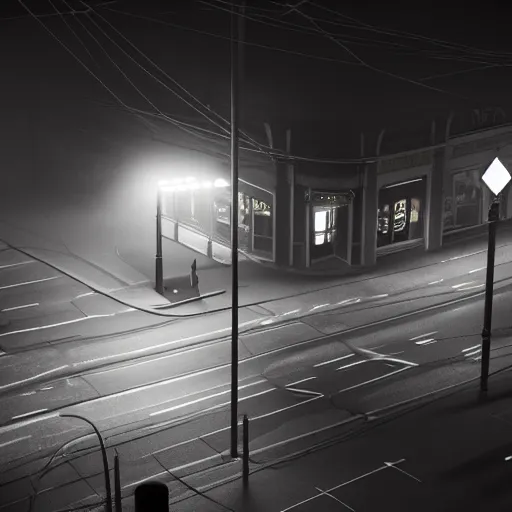 Image similar to A stunningly beautiful award-winning 8K high angle from 2nd floor cinematic movie photograph looking down diagonally across a spooky dark very foggy empty lightless moonlit main street intersection in an abandoned 1950s small town at night. perfect composition, moody low key backlit. Color palette from Seven, greens yellows and reds. 2 point perspective. Octane render