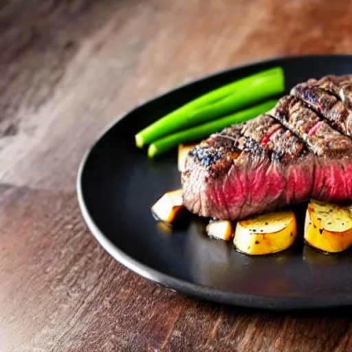 Image similar to a delicious perfectly cooked mouth-watering steak with a steaming-hot baked-potato