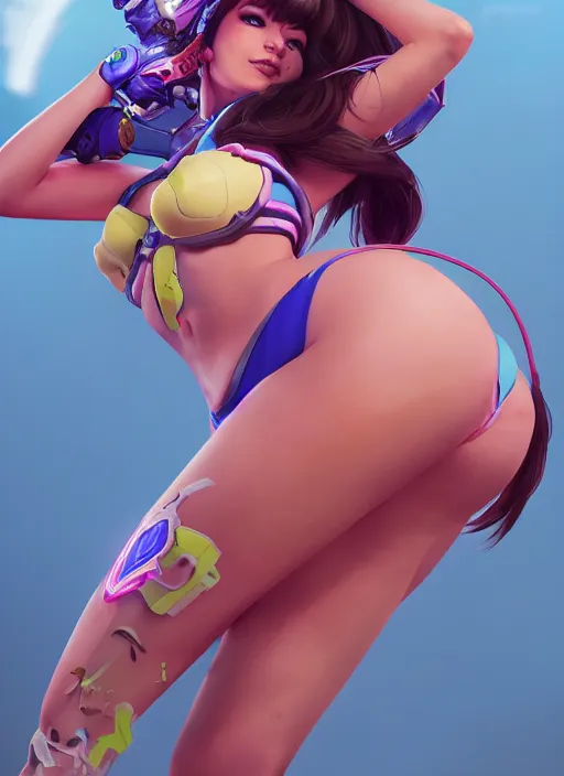 Image similar to d. va from overwatch in a plastic bikini, hyper detailed, digital art, trending in artstation, cinematic lighting, studio quality, smooth render, unreal engine 5 rendered, octane rendered, art style by klimt and nixeu and ian sprigger and wlop and krenz cushart