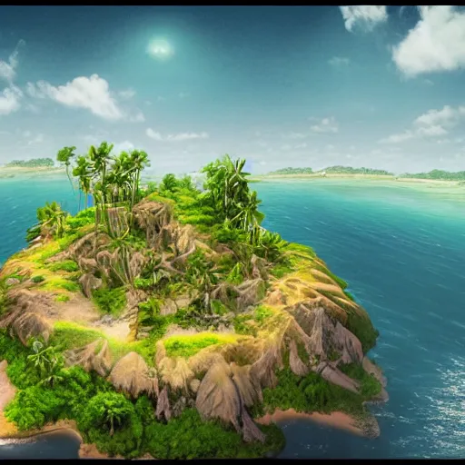 Image similar to Long forgotten undiscovered secret tropical island, matte painting, concept art, top down view