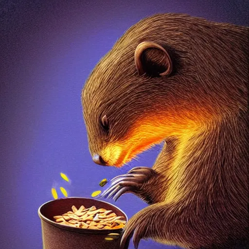 Image similar to digital painting of a beaver spitting seeds into a bucket, detailed, glow,