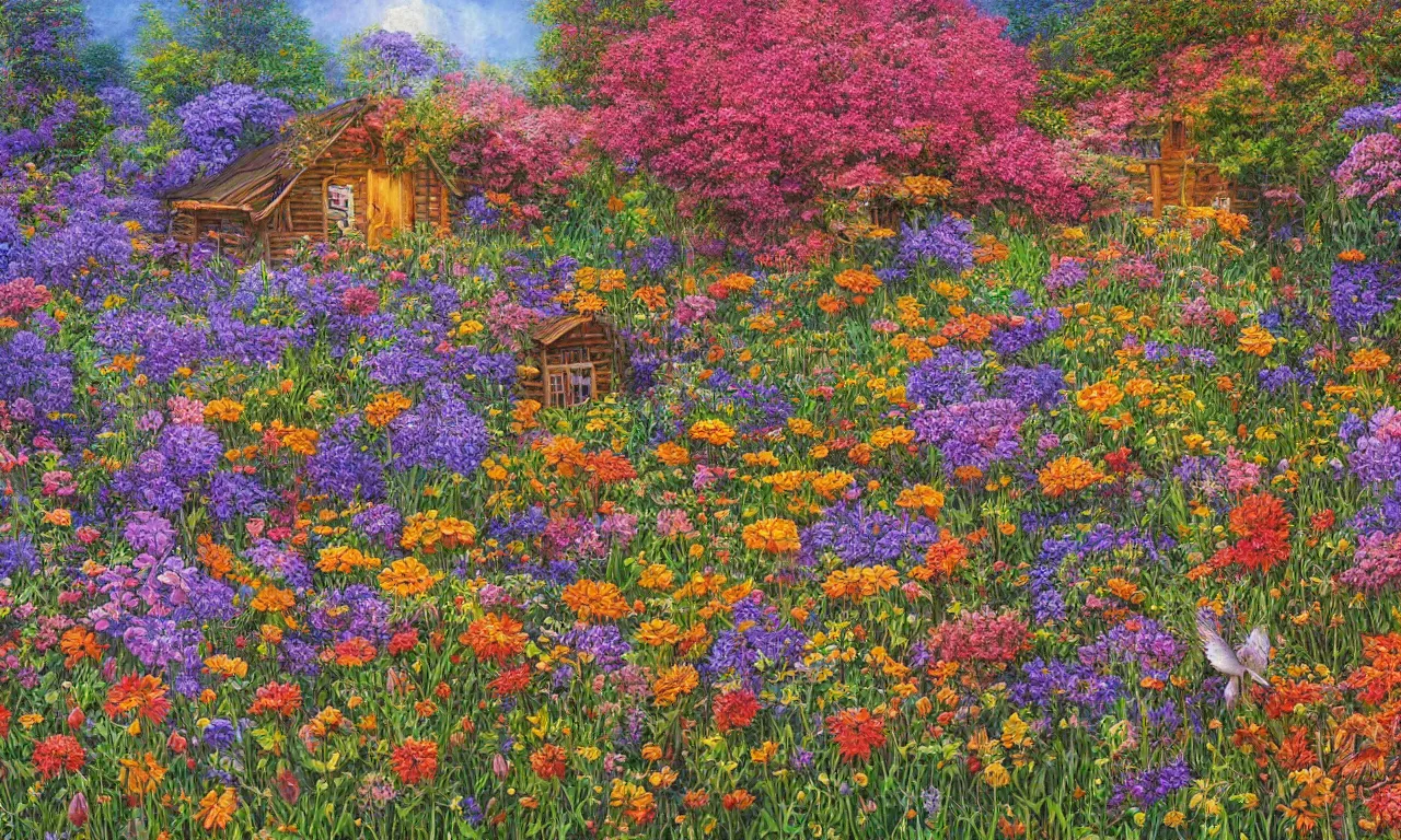 Image similar to a cabin in a mystical field of flowers, oil on canvas, intricate, hd, digital art, complementing colors, detailed, illustration painting by alex gray, digital art, moebius