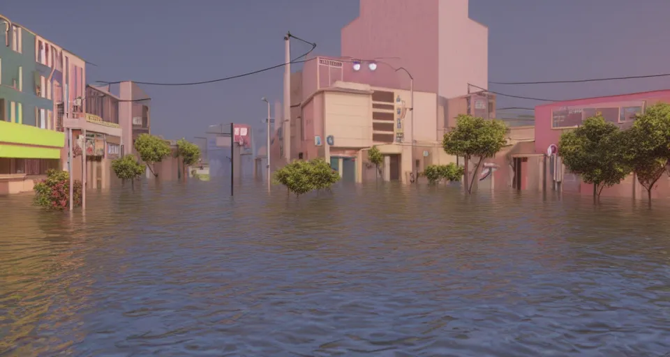 Image similar to 80s vaporwave outrun 3d Render of a german town being flooded, liminal space retro, grainy, noisy