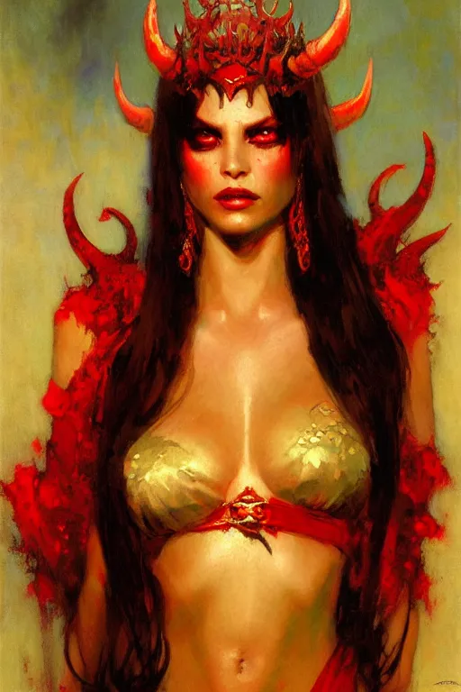 Image similar to attractive demon queen with red eyes, painting by gaston bussiere, craig mullins