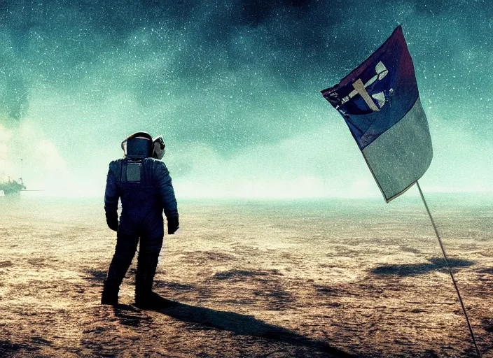 Image similar to astronaut holding a flag in an underwater desert. a submarine is visible in the distance. dark, concept art, cinematic, dramatic, atmospheric, 8 k, trending on artstation, blue, fish, low visibility, fog, ocean floor, christopher nolan, interstellar