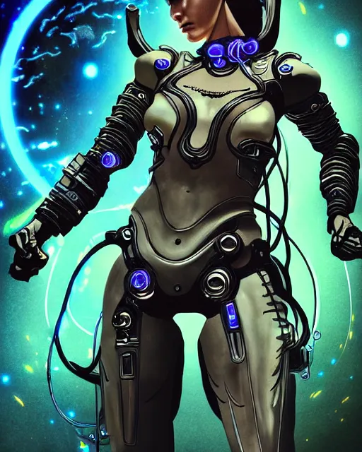 Image similar to a fed up cyber astro woman in a dynamic pose like from skyrim and elden ring and grand theft auto and overwatch, character portrait, portrait, close up, concept art, intricate details, extremely detailed, realistic vintage scifi poster, beautiful figure, style of chris foss, rodger dean, moebius, michael whelan, lumi, and gustave dore, deep color, flash