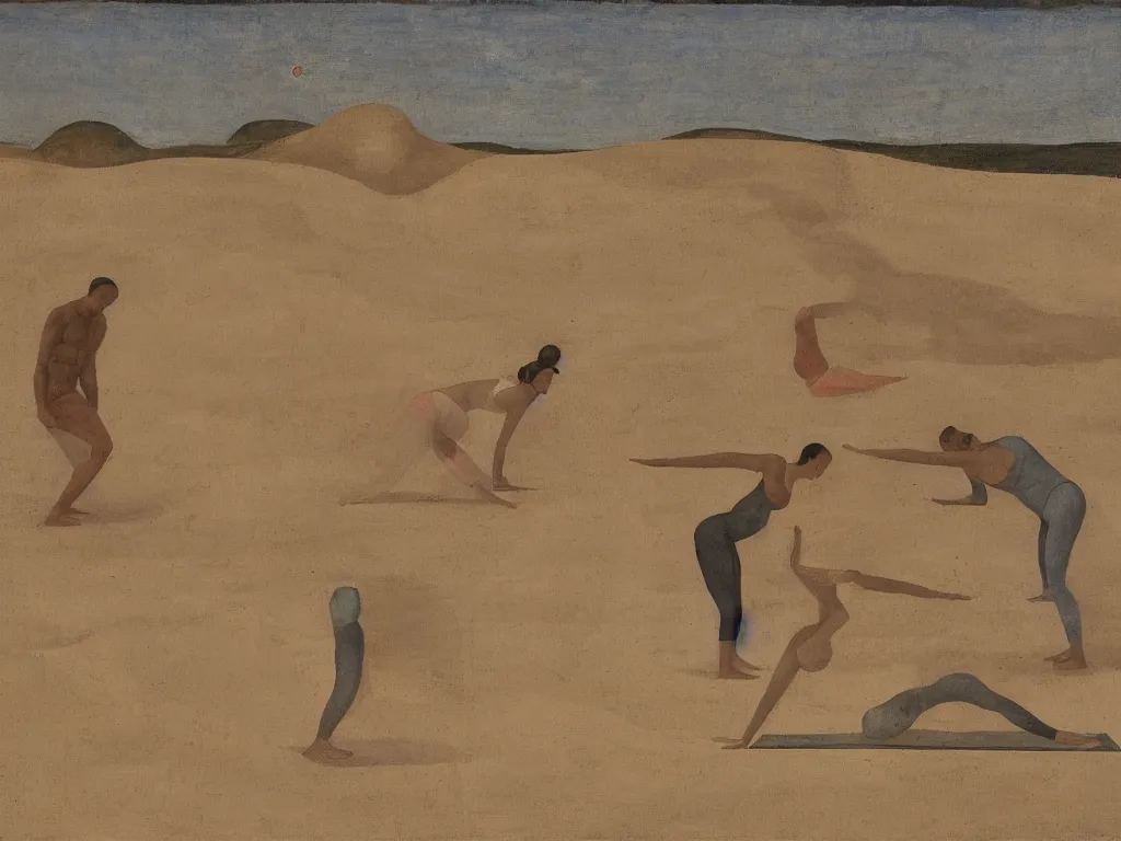 Prompt: Woman and man doing yoga in the sand, mud. Dark gradient sky. Landscape sculpted by Henri Moore. Painting by Piero della Francesca, Morandi, Balthus