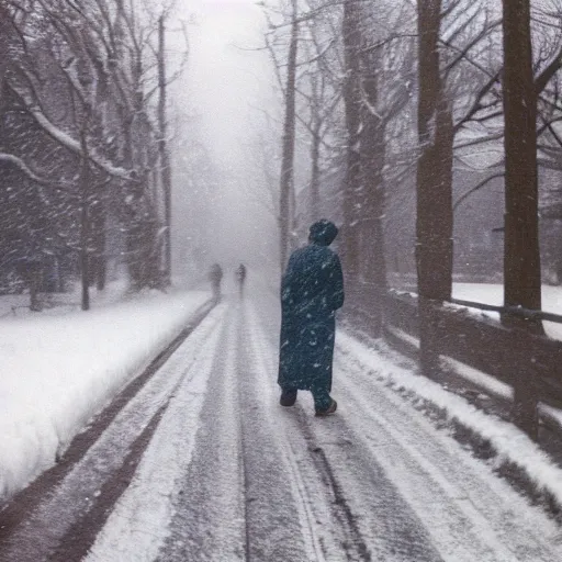 Image similar to photograph of a man sleepwalking during a blizzard, 8 0 mm film